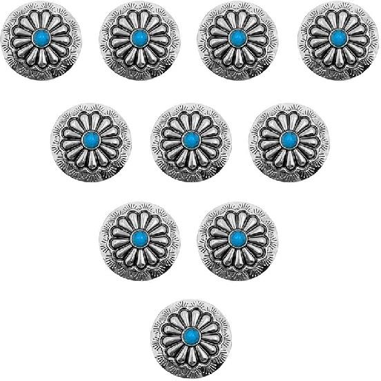 5/10pcs Decorative Leather Craft Western Vintage Turquoise Metal Round Concho Button Screw Back (Green, 10pcs)