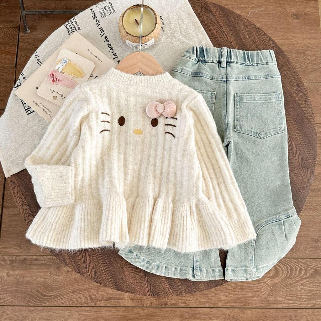 Korean Girls' Cute Cartoon Cardigan & Flared Jeans Set for Autumn