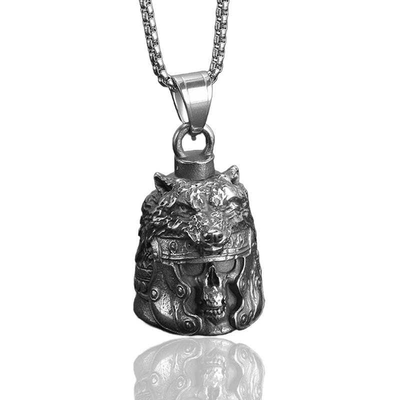 Vintage Gladiator Wolf Skull Guardian Bell Pendant Charm Stainless Steel Necklaces Punk Hip Hop Men Women Jewelry Halloween Gift