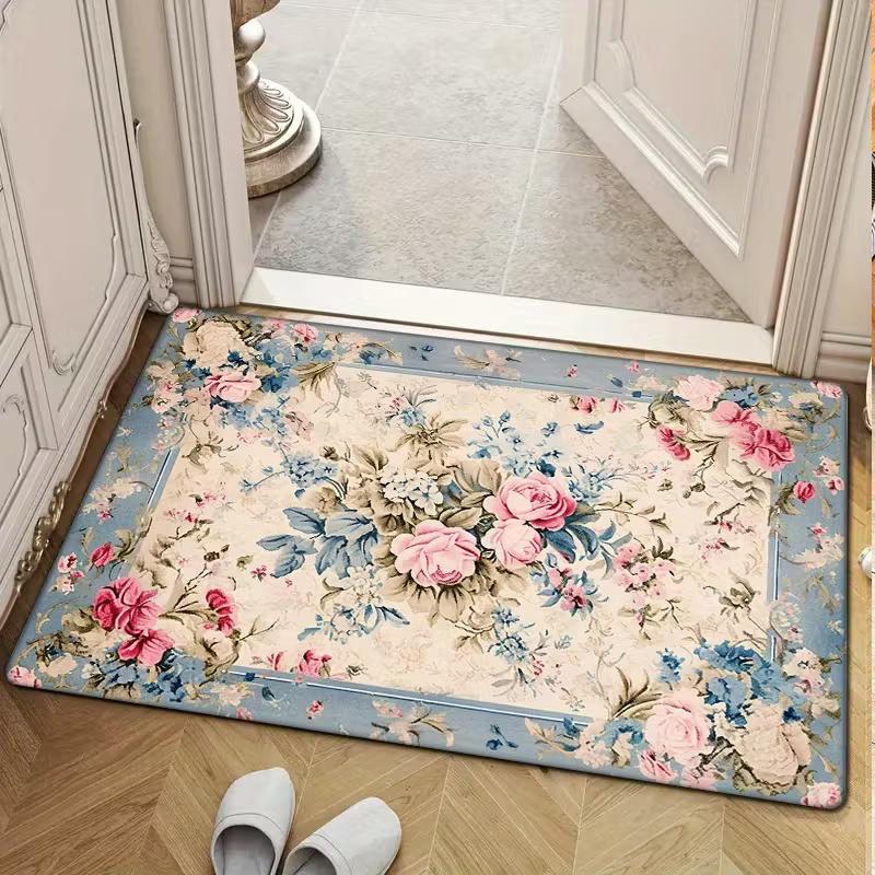 1 Pc Elegant Rose Green Printed Floor Mat with Non Slip Entrance Pad Suitable for Living Room and Bedroom