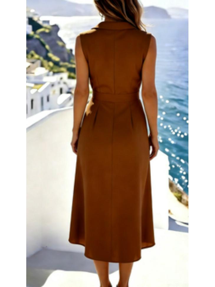 European & American Elegant Sleeveless Pleated Button Dress - Solid Color, Irregular Hem.
