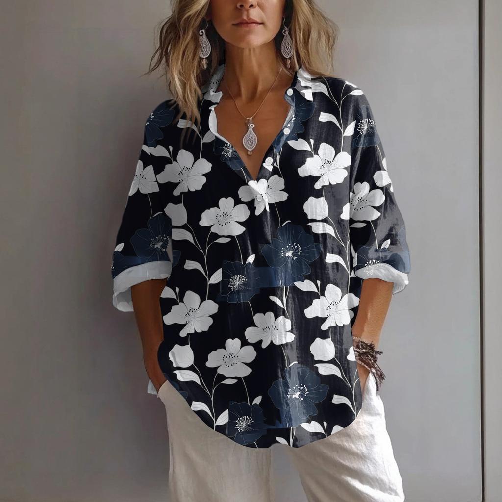 Women's Casual Spring And Summer Loose Printed Casual Sleeved Lapel Pullover Shirt