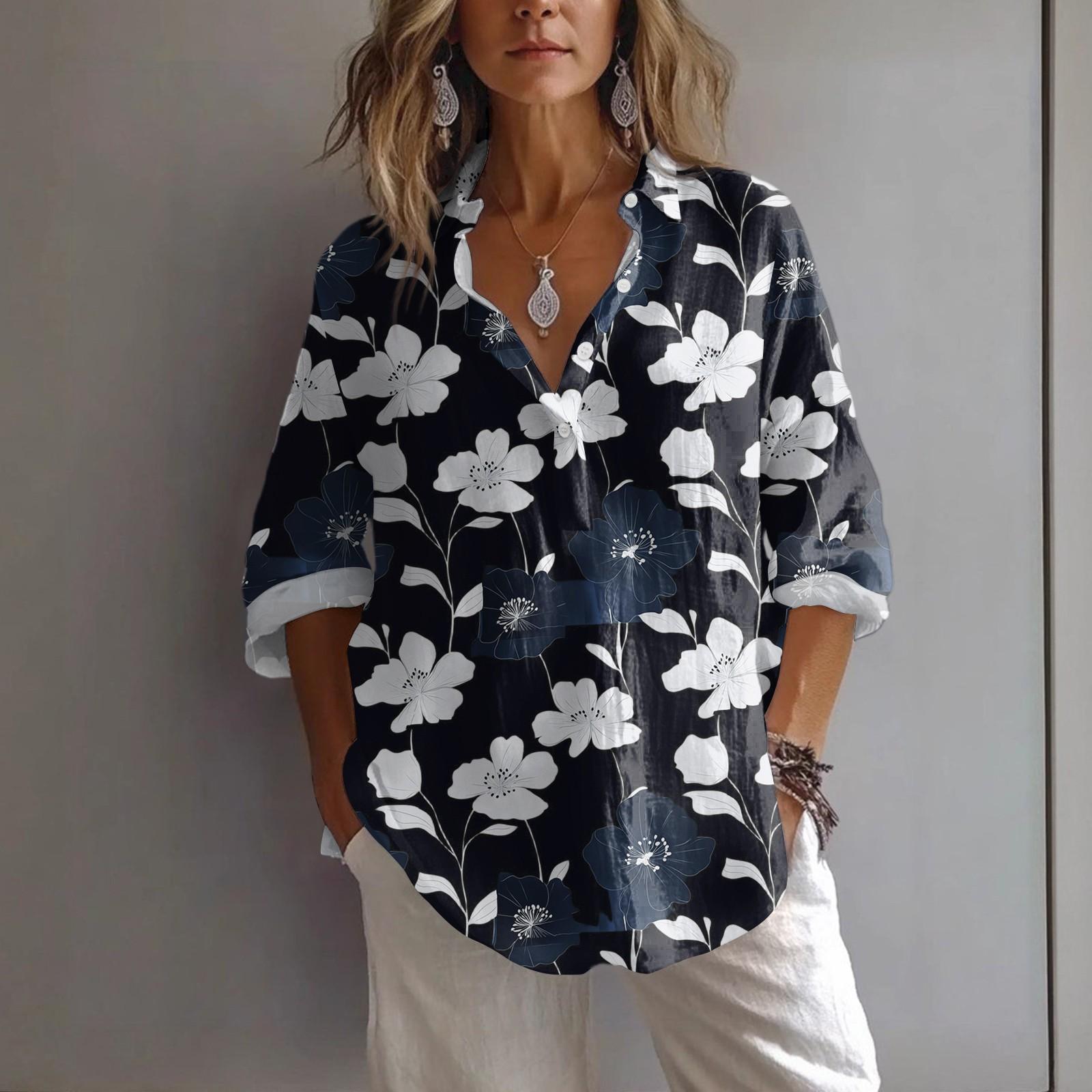 

Женская повседневная весенне-летняя свободная рубашка-пуловер с принтом, с лацканами и рукавами L