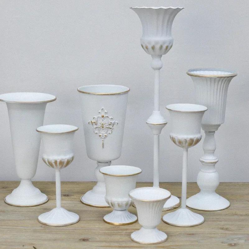European White Iron Art Vase Florist Tall Cup Shape Flower Vase Arrangement Ornament Hotel Banquet Party Desktop Decoration