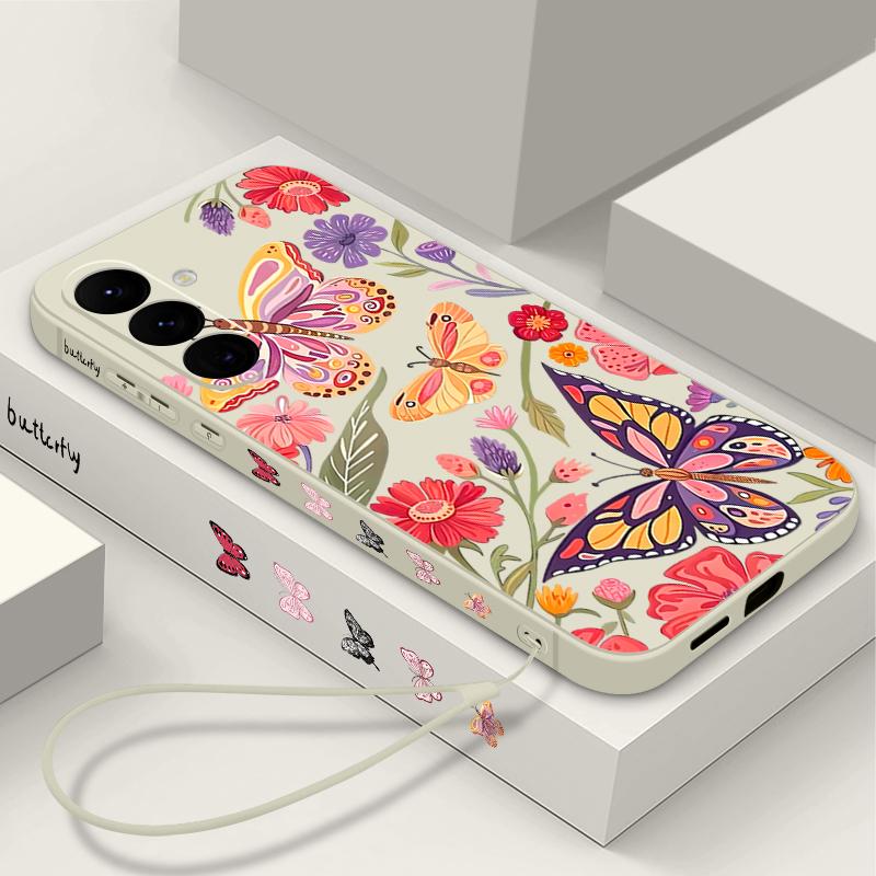 Butterfly Flower Phone Case For Samsung Galaxy A56 A17 A26 A16 A36 A55 A54 A53 A15 S24 S25 FE S25 S22 S23 Ultra Plus Lanyard Soft Cover