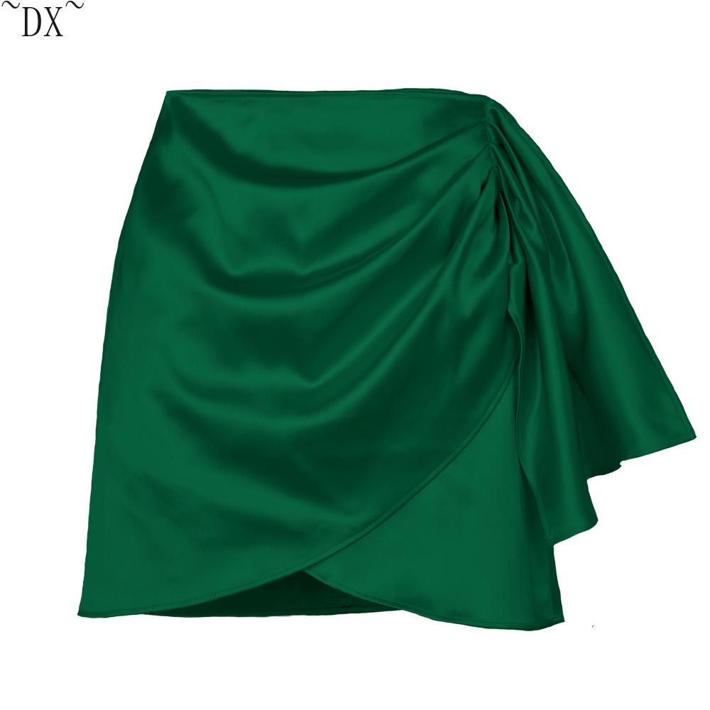 DX~Sommer Unregelmäßiger Reißverschluss Halbrock Plissee Positionierung Europäischer und amerikanischer Solid Satin Hoher Taille Kurzer Rock Damenbekleidung