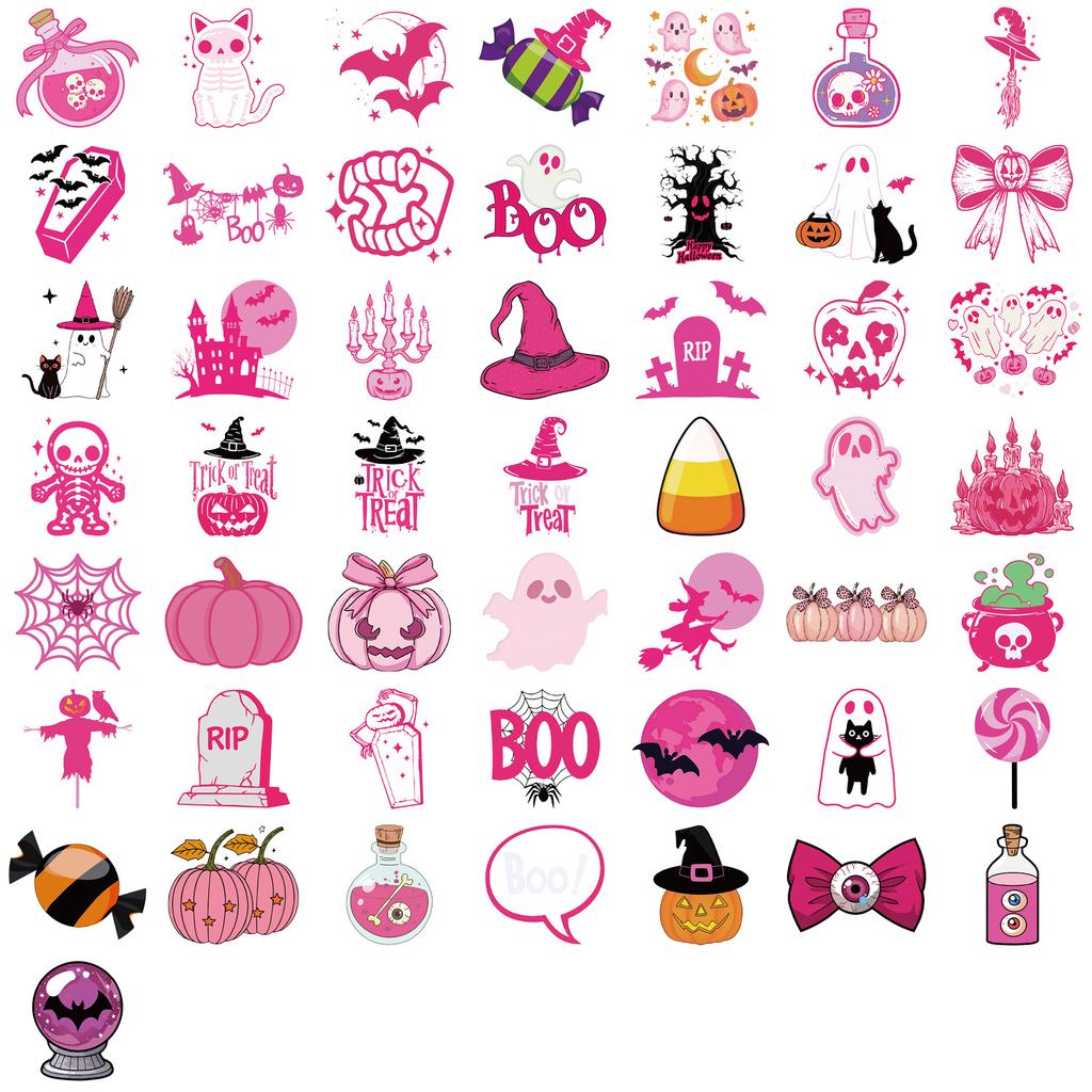 50Pcs Transparent Cartoon Pink Halloween Sticker Packs, Waterproof Transparent PET Hand Account Decorative Guitar Notebook Stickers