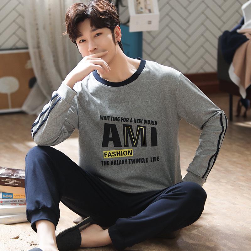 Pijama de manga larga 100 % algodón para hombre: informal, cuello redondo, ideal para usar en exteriores, perfecto para primavera y otoño.