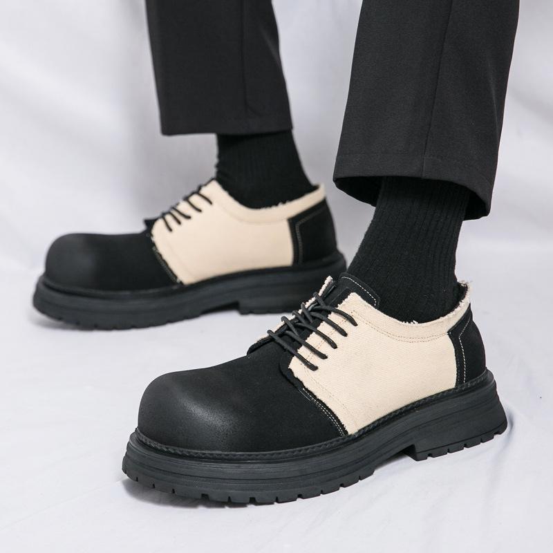 Foreign trade leather shoes men's new low-top thick-soled lace-up casual shoes color matching thick heel big head single shoes 2025