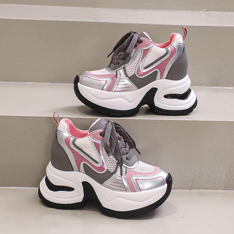 Fashion High Platform Casual Lace-up Sneakers for Women 2025 Fashion Designer Lightweight Breath Mesh Leather Thick Heel Sport Dad Shoes