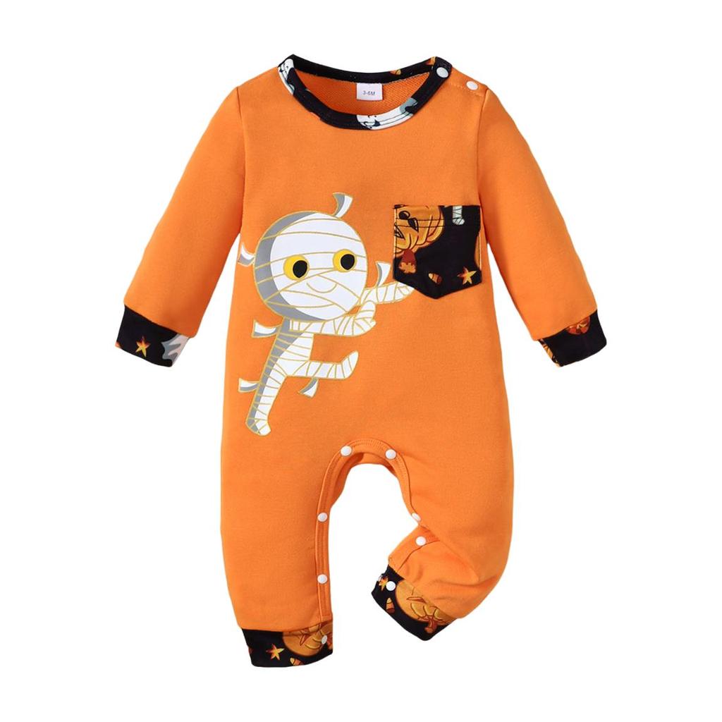 0-18 Monate Herbst Babykleidung 2-teiliges Halloween Strampler-Set Geister-Kürbis-Print + Mütze Neugeborenen Overall Kleinkind Süßes oder Saures Outfit
