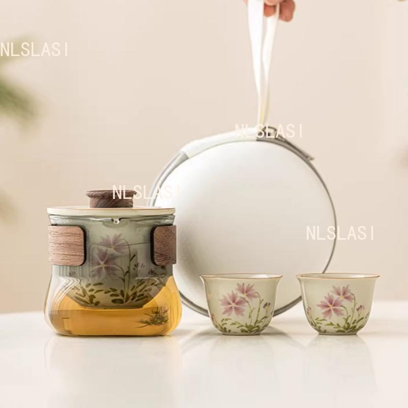 Hand-painted Daisy Travel Teaware Set Portable Tea Set Personal Outdoor Ceramic Tea Making Small Set 1 Pot and 2 Cups