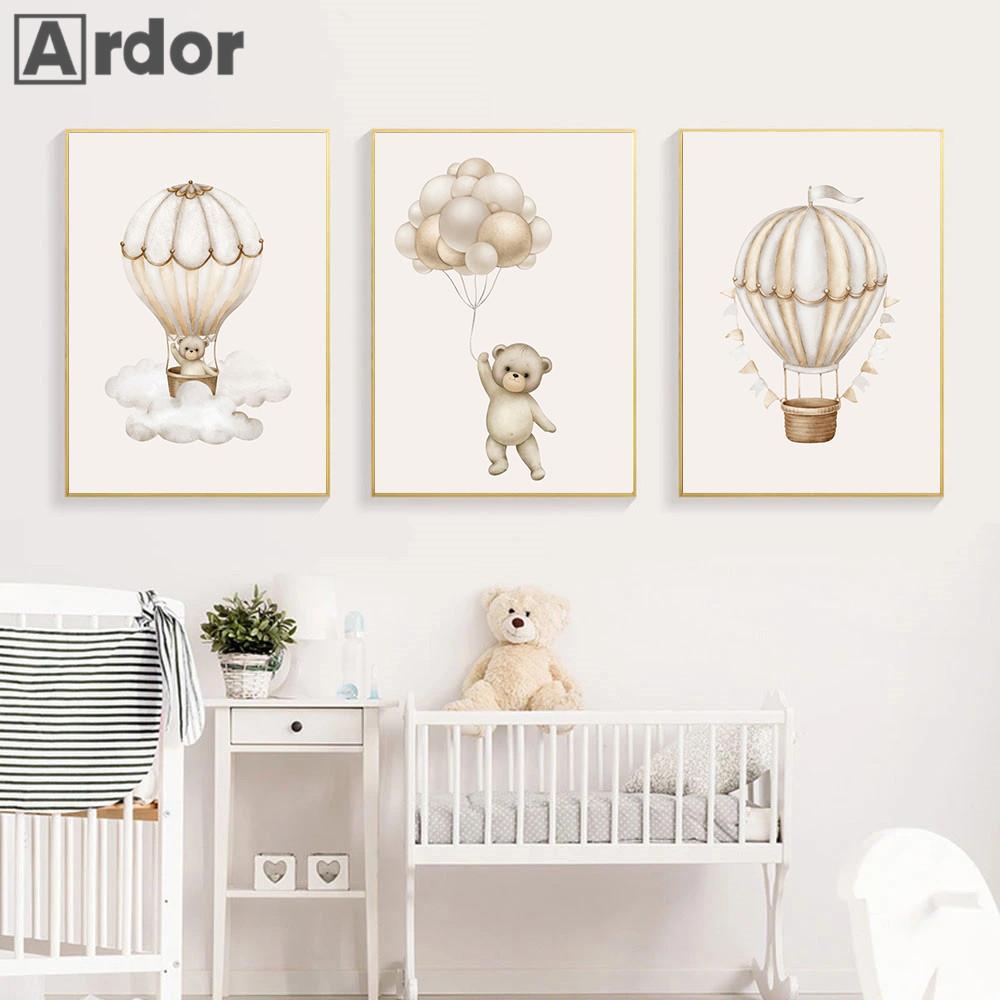 Cartoon Bear Wall Art Print Nursery Canvas Painting Star Hot Air Balloon Poster Prints Nordic Wall Pictures Baby Room Decoration