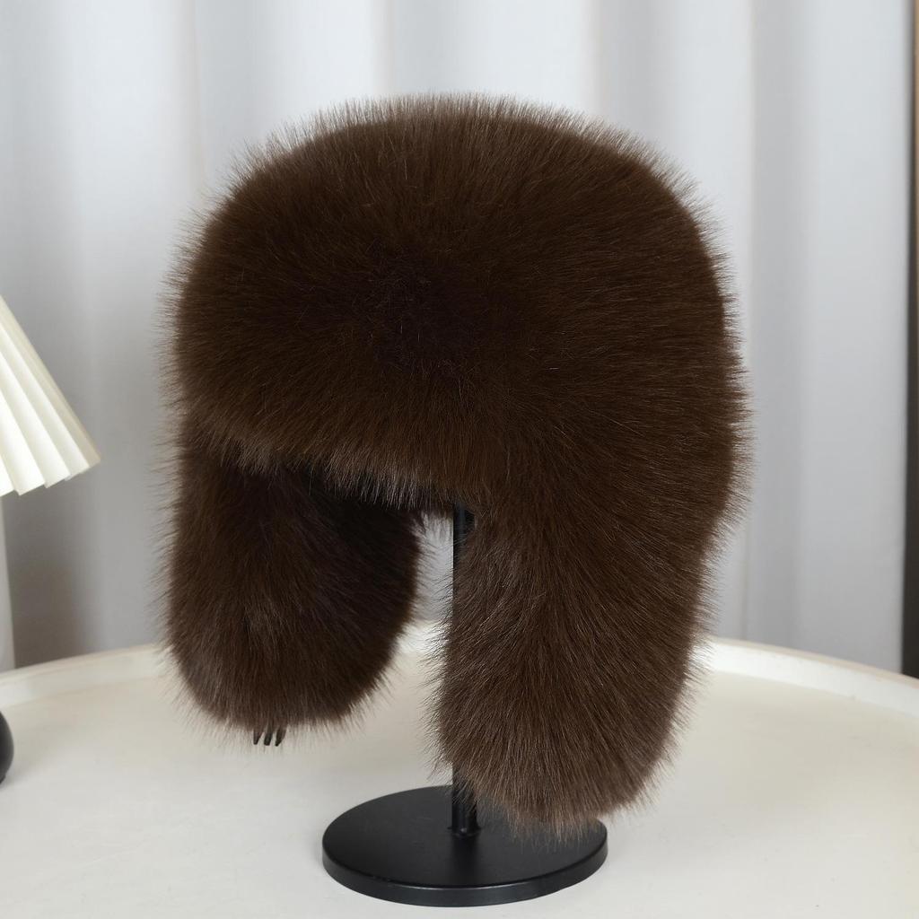 Gorro de invierno de piel sintética con protección auditiva para mujer: grueso, resistente al viento y afelpado para esquiar.