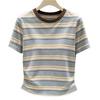 Contrasting color front shoulder stripes short-sleeved T-shirt women's summer new slim and thin student top high-end stripes