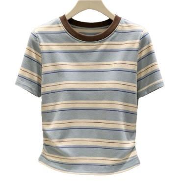 Contrasting color front shoulder stripes short-sleeved T-shirt women's summer new slim and thin student top high-end stripes