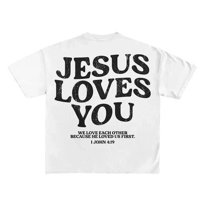 T-shirt a maniche corte con stampa "Gesù ti ama", abbigliamento per Dio, cristiana