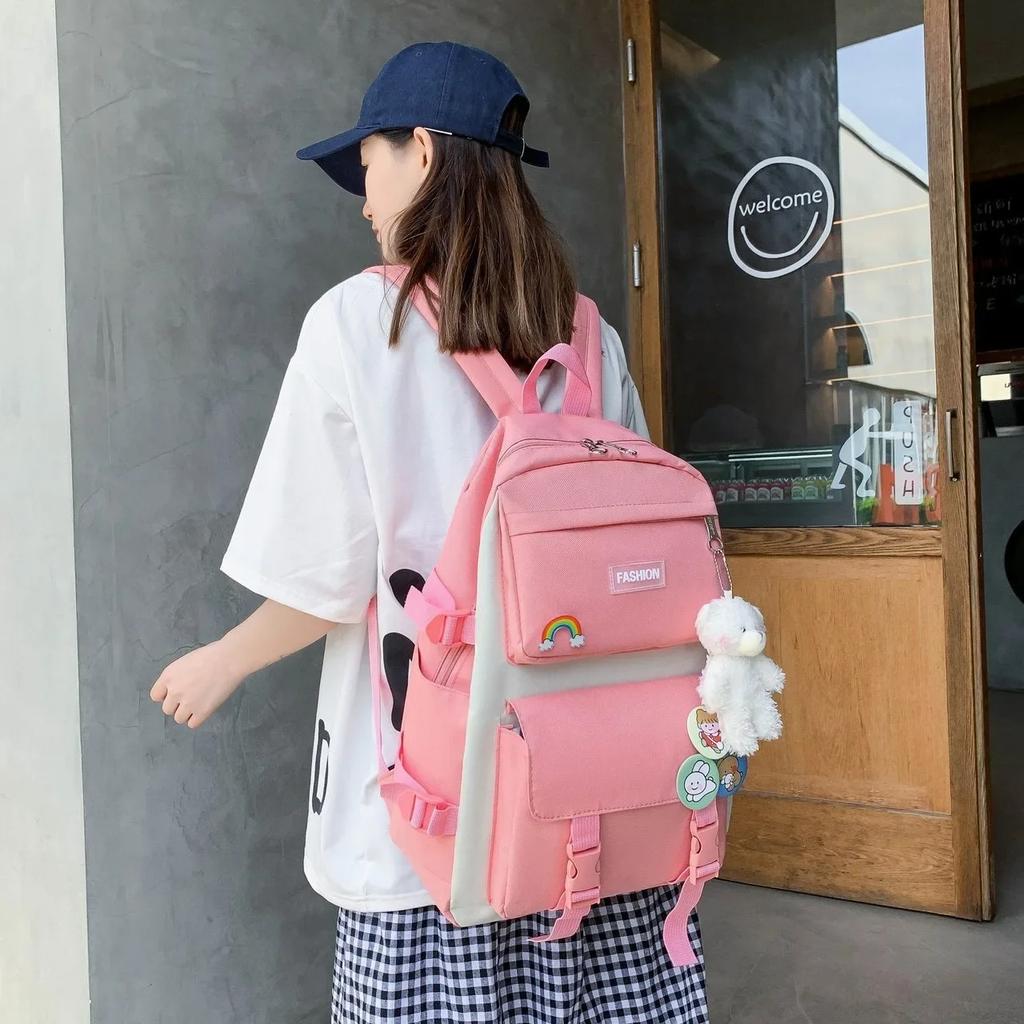 Four Piece Set of Student Backpack for Women in Korean Version Casual Canvas High School Campus with Large Capacity