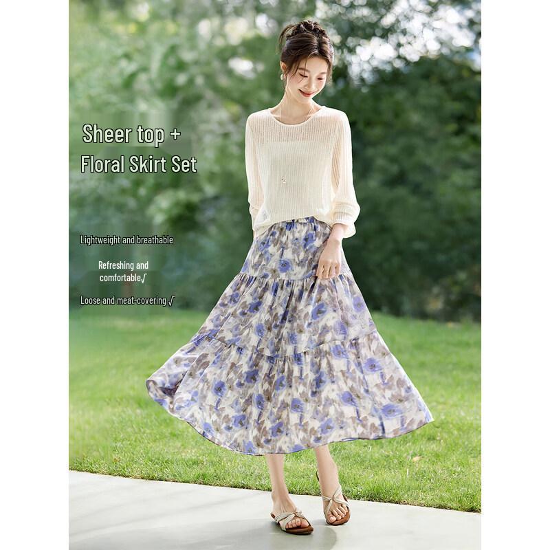 Mohan Yimei Oil Painting Print Hollow Blouse & Skirt Set 2XL