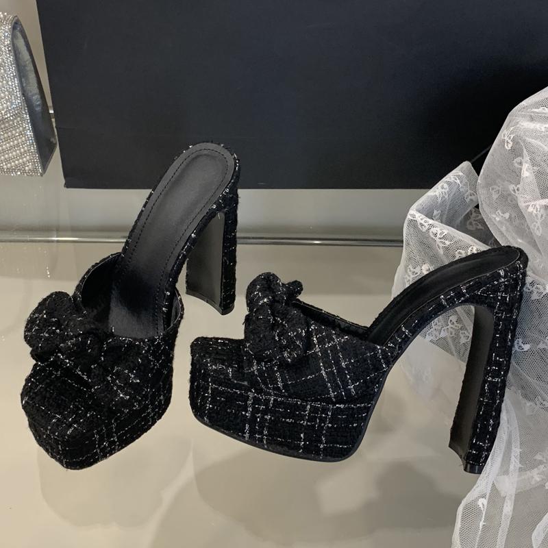 Fashion Eilyken Street Style Open Toe Butterfly-knot Women Slippers Fashion Platform Square High Heels Banquet Dress Slide Summer Shoes