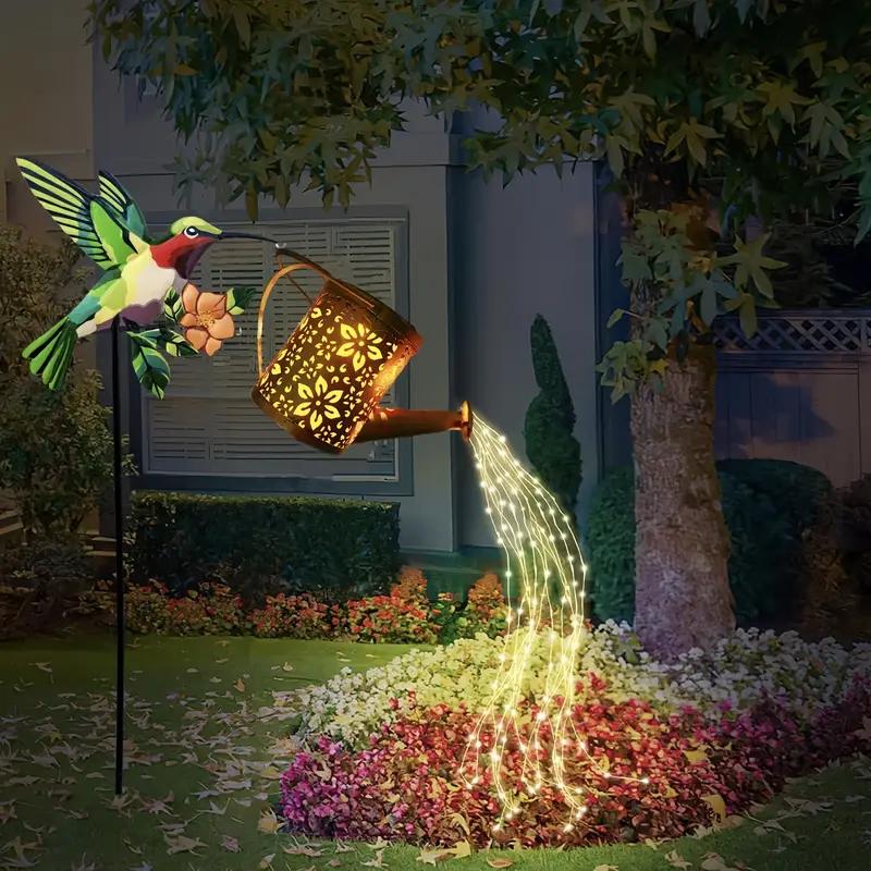 Solar Powered Hummingbird Kettle Lawn Lamp Outdoor Waterproof Hanging LED Solar Watering Can Lights for Patio Path Garden Decor