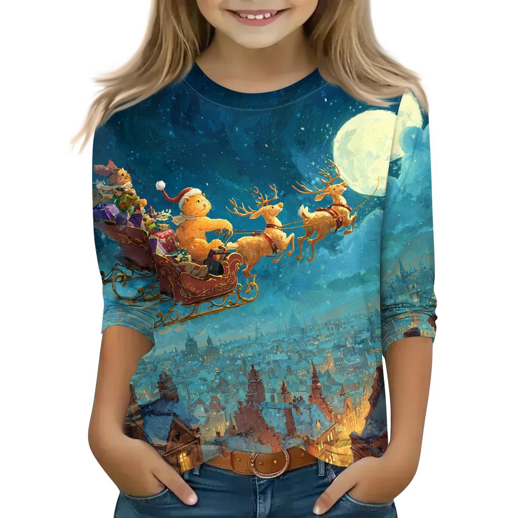 Jule trykk topper for unge jenter 4-11 år rund hals 3/4 ermer T-skjorter trendy topper antrekk tees