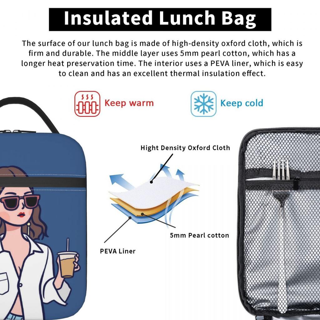 Cartoon Fashion Girl Insulated Lunch Bags for School Office Sport Car Portable Cooler Thermal Bento Box Women Children