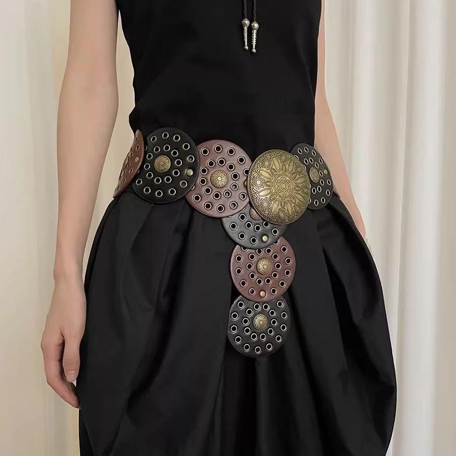 Retro Western Pu Leather Belt For Women With Metal Conchos And Rivets For Dress Accessories