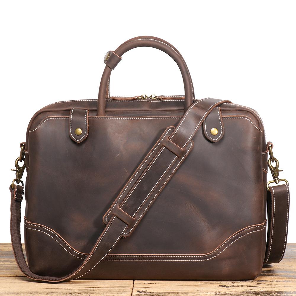 Retro Men'S Genuine Leather Handheld Briefcase Crazy Horse Leather Shoulder Messenger Computer Bag Large Capacity Cowhide Business Bag