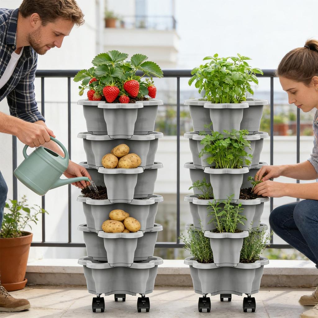 Torre Fiorita a 6 Piani con Ruote Vasi Resistenti alle Intemperie Torre Fioriera Verticale Impilabile per Interni Esterni Casa Giardino Patio Fioriera Rialzata