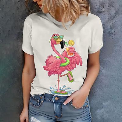 T-shirt Blanc pour Femme avec Imprimé Artistique Flamant Rose Dessin Animé Style Décontracté d'Été Haut à Manches Courtes et Col Rond pour le Quotidien