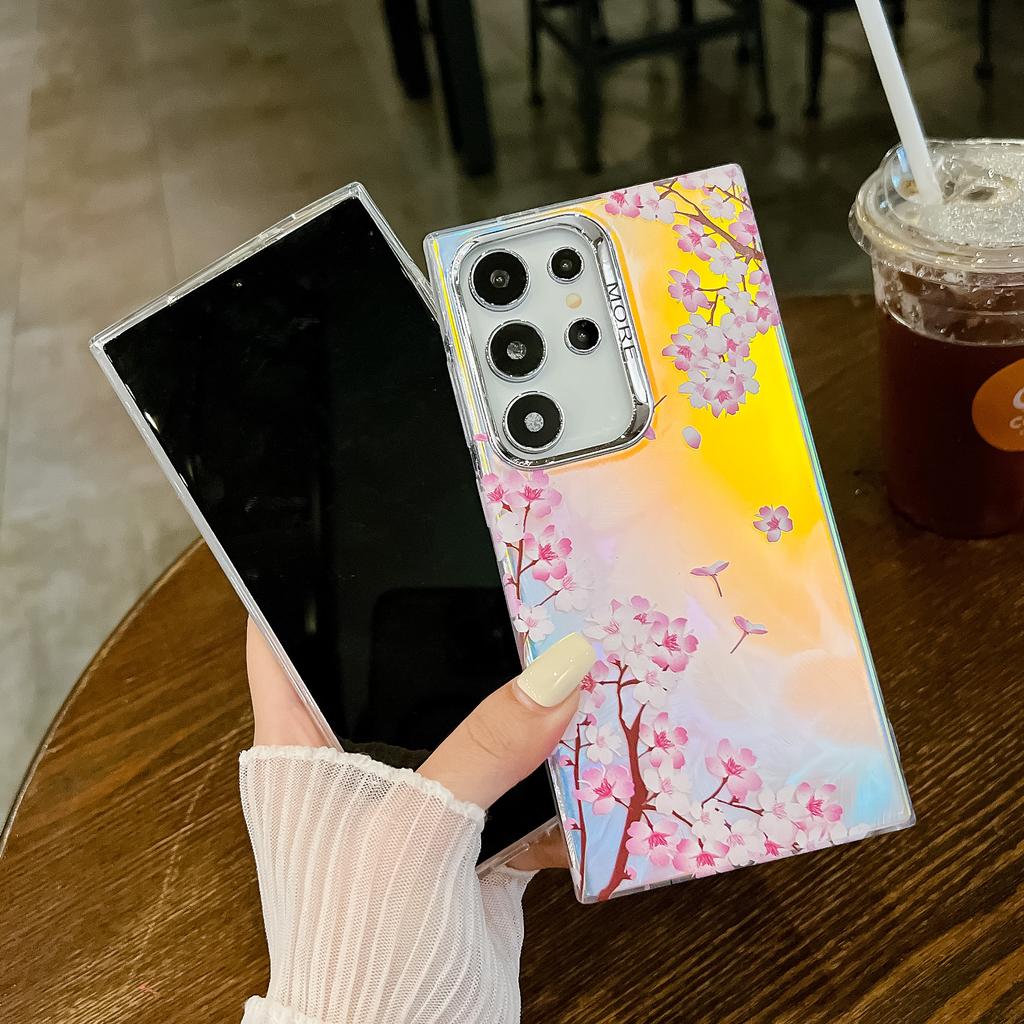 For Samsung Galaxy S22 Ultra 5G Slim Case Flower Pattern Electroplated Laser Effect Phone Cover