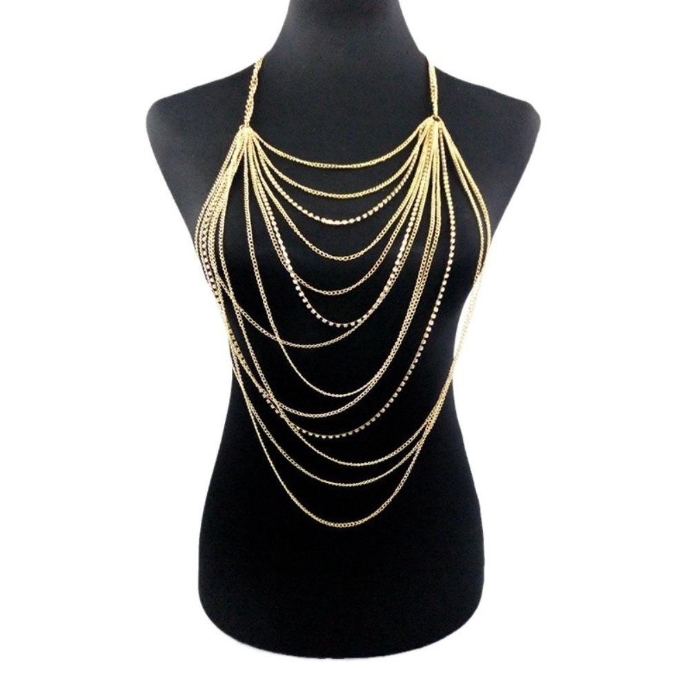 Sexy Übertrieben Goldfarbe Mehrschichtig Quaste Kette Strasssteine Halskette Brustkette für Frauen Körperkette Schmuck Zubehör