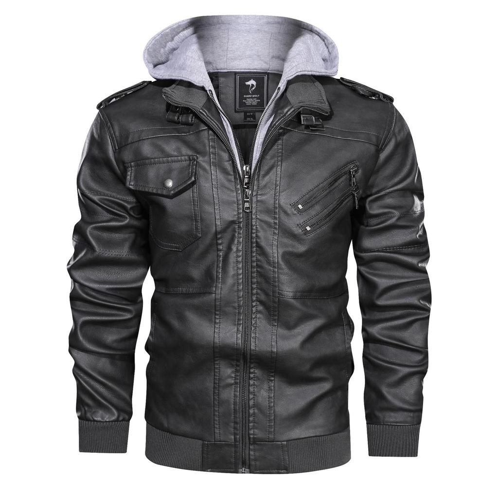 Autumn and Winter Men's Removable Hooded Thin Knitted Pu Leather Jacket Large Size Locomotive Leather Jacket