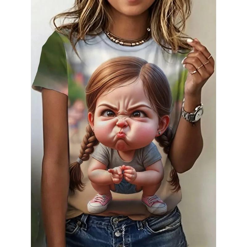 Summer Women's 3D Printed Crew Neck T-Shirt Fashion Versatile Trend Breathable Casual
