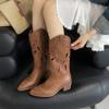Brown hollow western cowboy boots women's 2025 autumn new embroidered thick heel mid-tube boots retro v-mouth knight boots