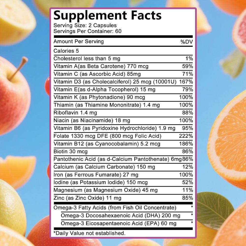 Prenatal Vitamins with Folic Acid & DHA, Fetal Brain Development Support Folate 120 Capsules