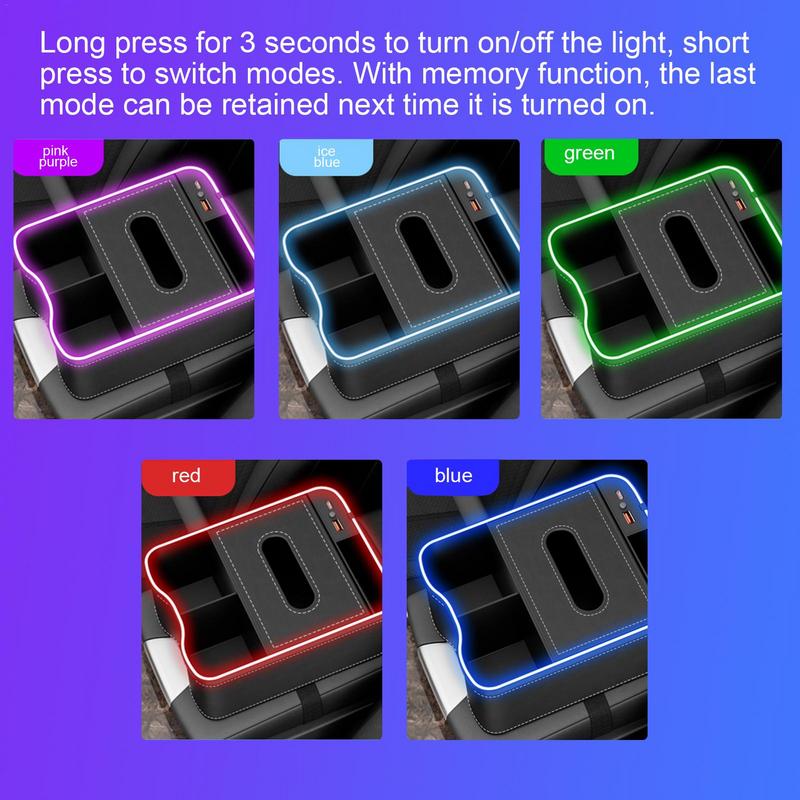 Car Console Organizer Car Organizer Tissue Holder USB Rechargeable Storage Organizer With Ambient Light Tissue Box Cell Phone