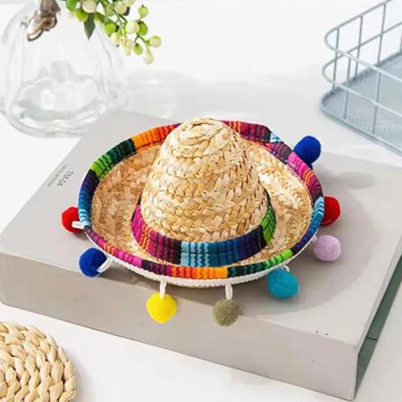 

Pet Theme Party Mini Straw Hat Mexican Hat Holiday Cat Puppy Colorful Mini Hat Sombrero Beach Hawaii Style Sun Hat Pet Supplies