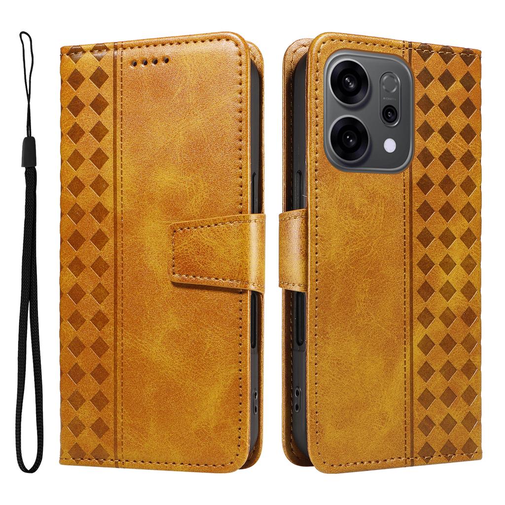 For Oppo Reno14 5G (China)/Oppo Reno14 F 5G/Oppo Reno14 5G (Global) Leather Case Wallet Stand Grids Imprinted Phone Cover with Strap