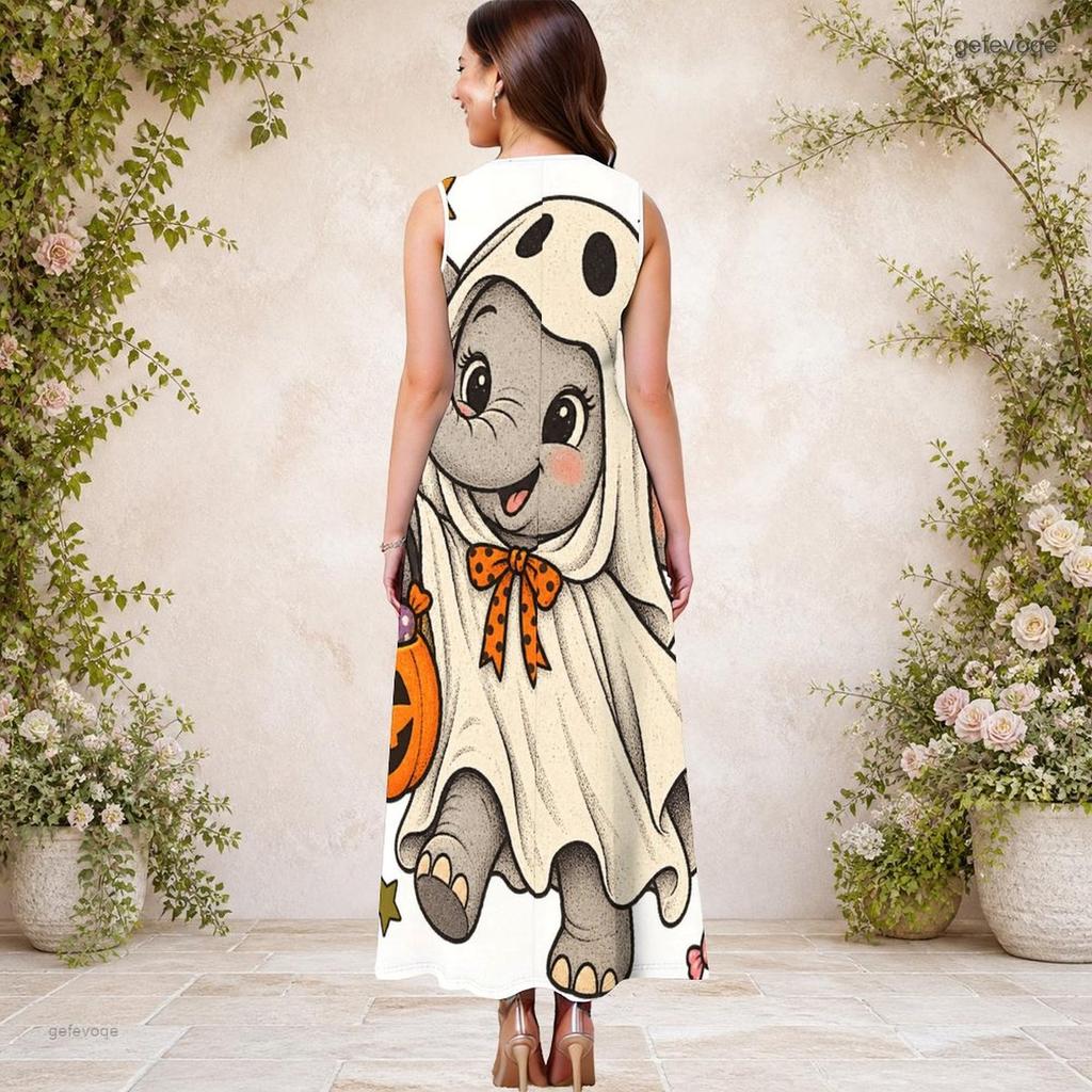 Women Plus Size Keyhole Neck Sleeveless Halloween Sloth Print A Line Long Dress