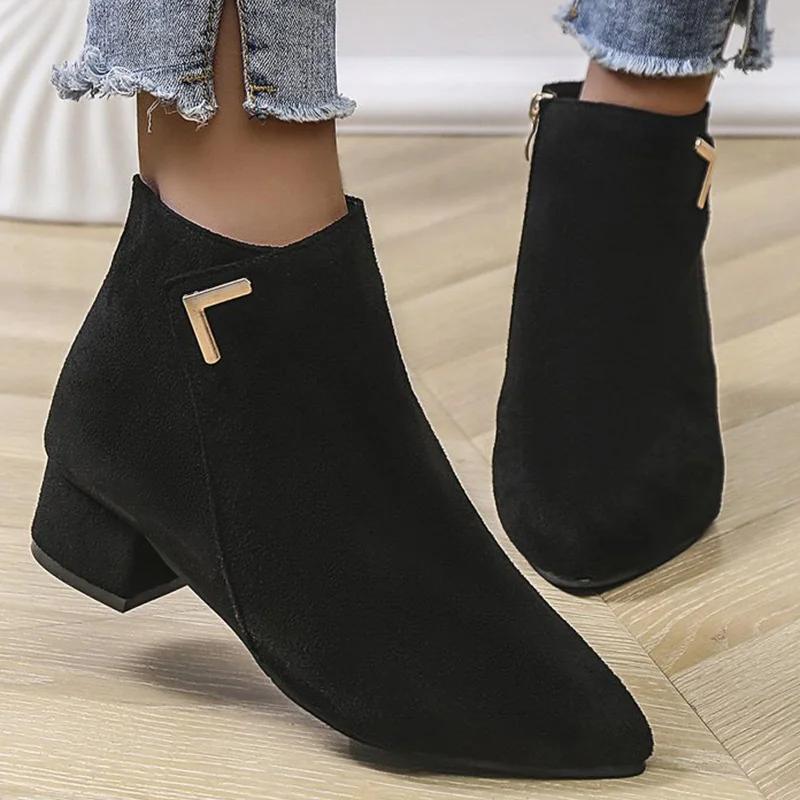 Fashion 2025 Spring Autumn Fashion Faux Suede Ankle Boots Women Solid Color Zipper Boots Woman Metal Decoration Pointed Toe Botas Lady