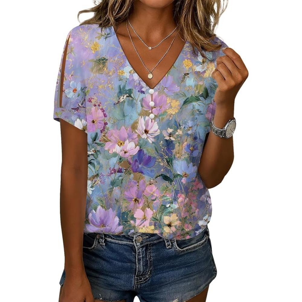 Lässige V-Ausschnitt Kurzarm Blümchenmuster Festliche Sommer-T-Shirts