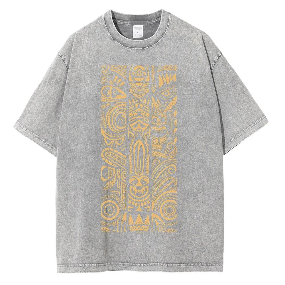 Tribal Tattoo Style Pattern printed T-shirt Summer Men's and Women's Fashion water wash vintage T-shirt Style top
