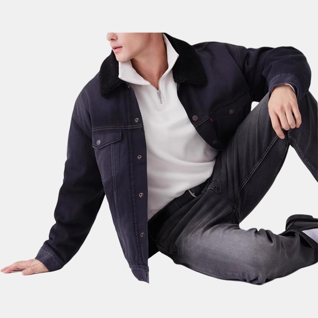 Levis Color Block Simple Comfortable Versatile Lapel Faux Shearling Denim Jacket Men Jacket Black 0017B-0001