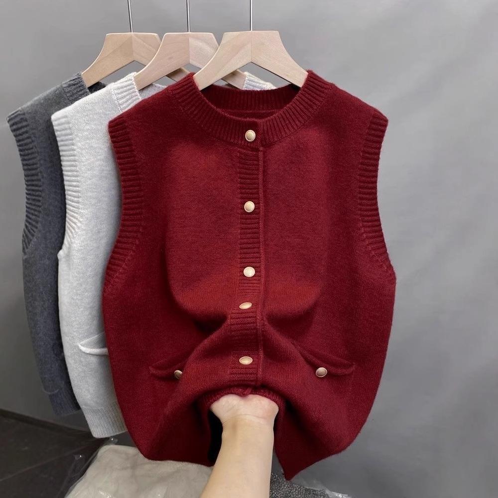 Unique Western-style Lapel Fried Dough Twists Vest Sweater Women's Autumn and Winter Slim Short Zipper Knitting Coat