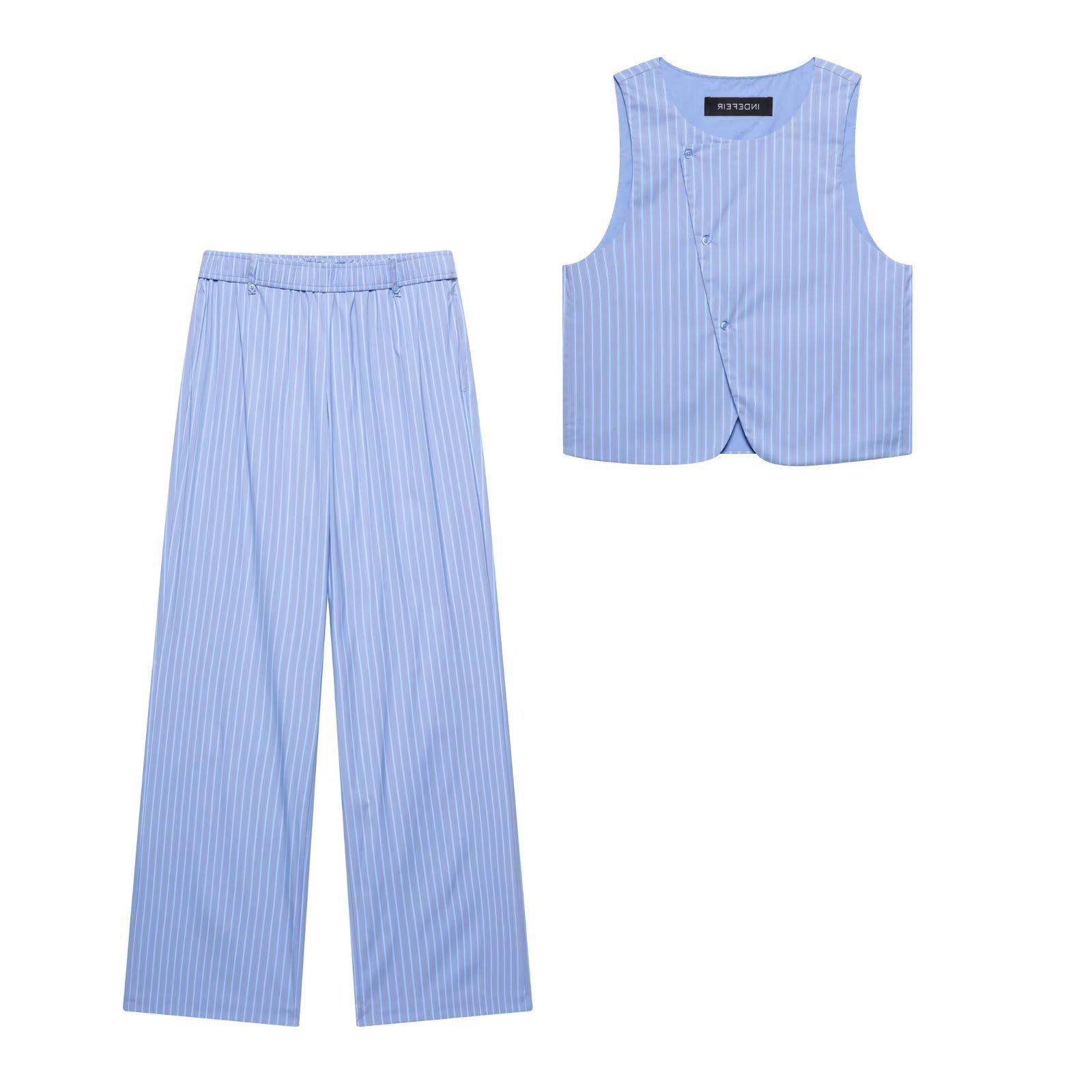 

TAOP&ZA Striped Summer Vest & Pajama-Style Long Pants Set for Women Large