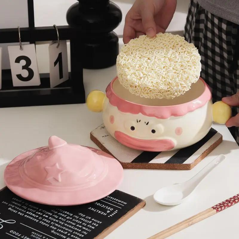 Clown Noodle Bowl Ceramic Dormitory Students with Lid Handle Cute Creative Cutlery Funny Wide Mouth Large Convenient Soup Bowl