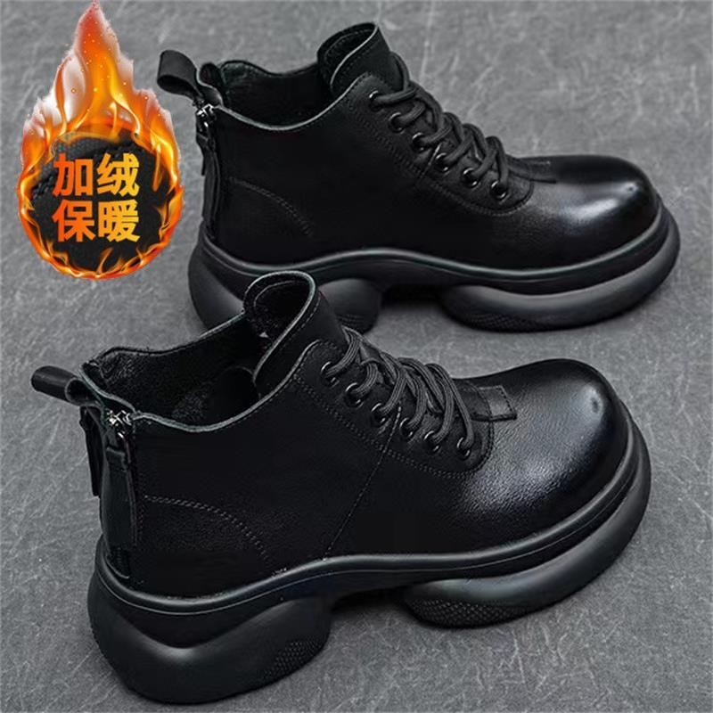 Soft-soled Soft Leather Thick-soled Martin Boots New Velvet Heightening British Style Short Boots In Autumn and Winter