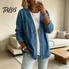 Talos Women's Button Front Faux Denim Jacket, V Neck Long Sleeve Casual Coat, Vintage Loose Fit Imitation Jeans Cardigan